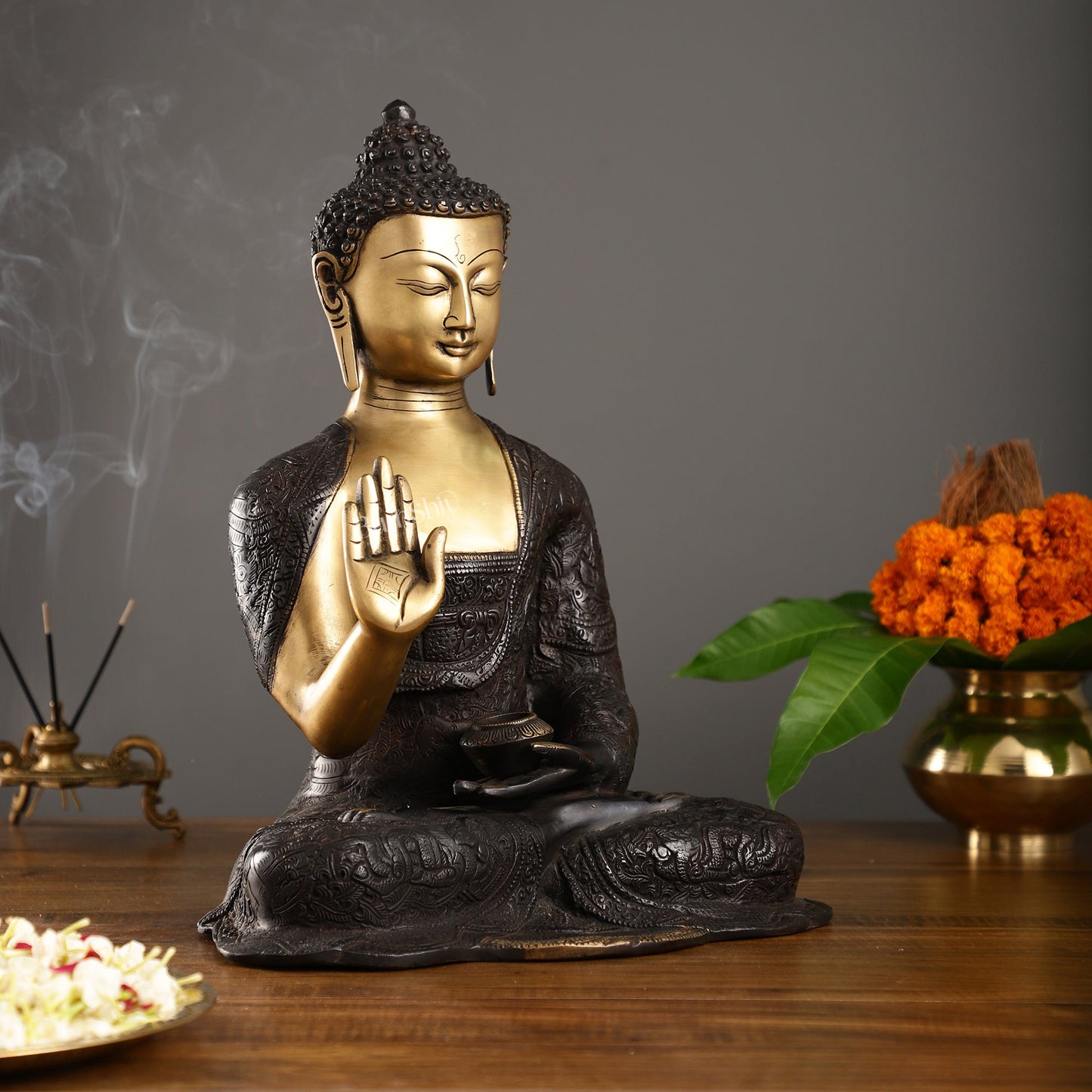 Engraved Brass Buddha Statue | Blessing Mudra | 15.5 inch - Budhshiv.com