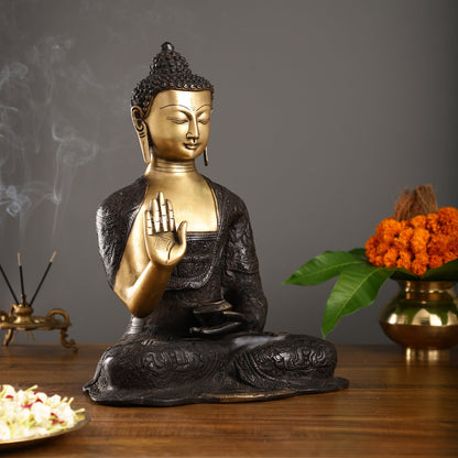 Engraved Brass Buddha Statue | Blessing Mudra | 15.5 inch - Budhshiv.com