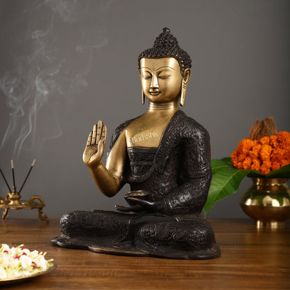 Engraved Brass Buddha Statue | Blessing Mudra | 15.5 inch - Budhshiv.com