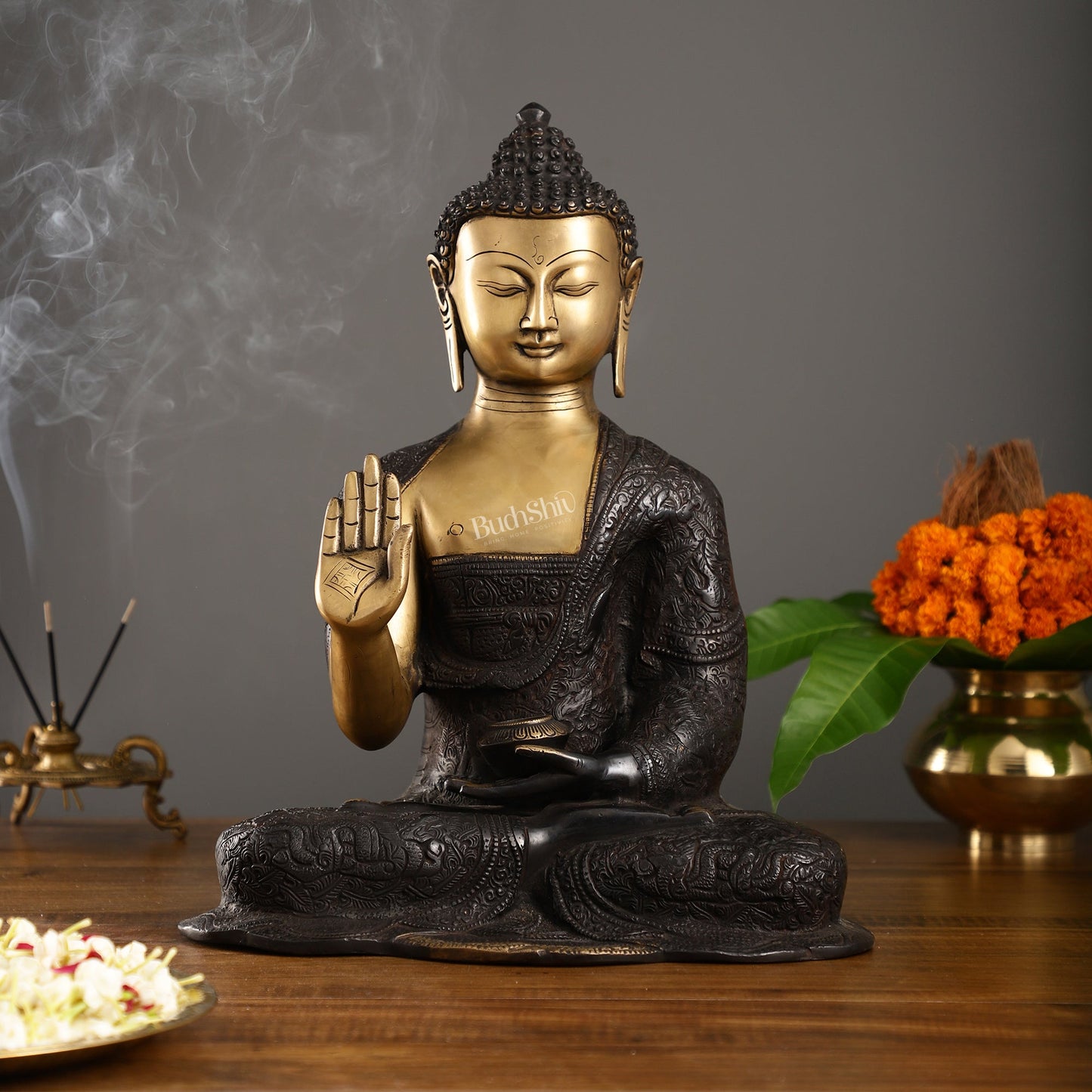 Engraved Brass Buddha Statue | Blessing Mudra | 15.5 inch - Budhshiv.com