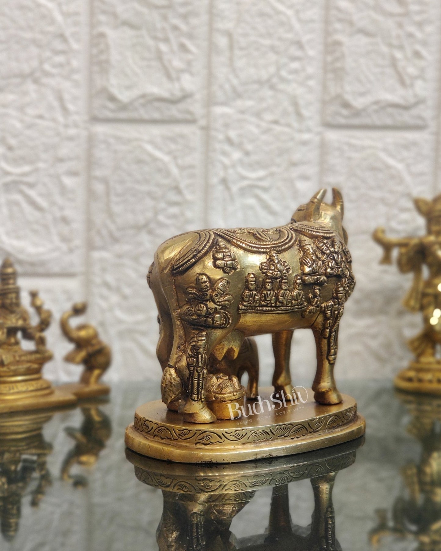 Engraved Brass Kamdhenu Statue with Deities | 5" x 6.5" x 3.75" | Handcrafted - Budhshiv.com