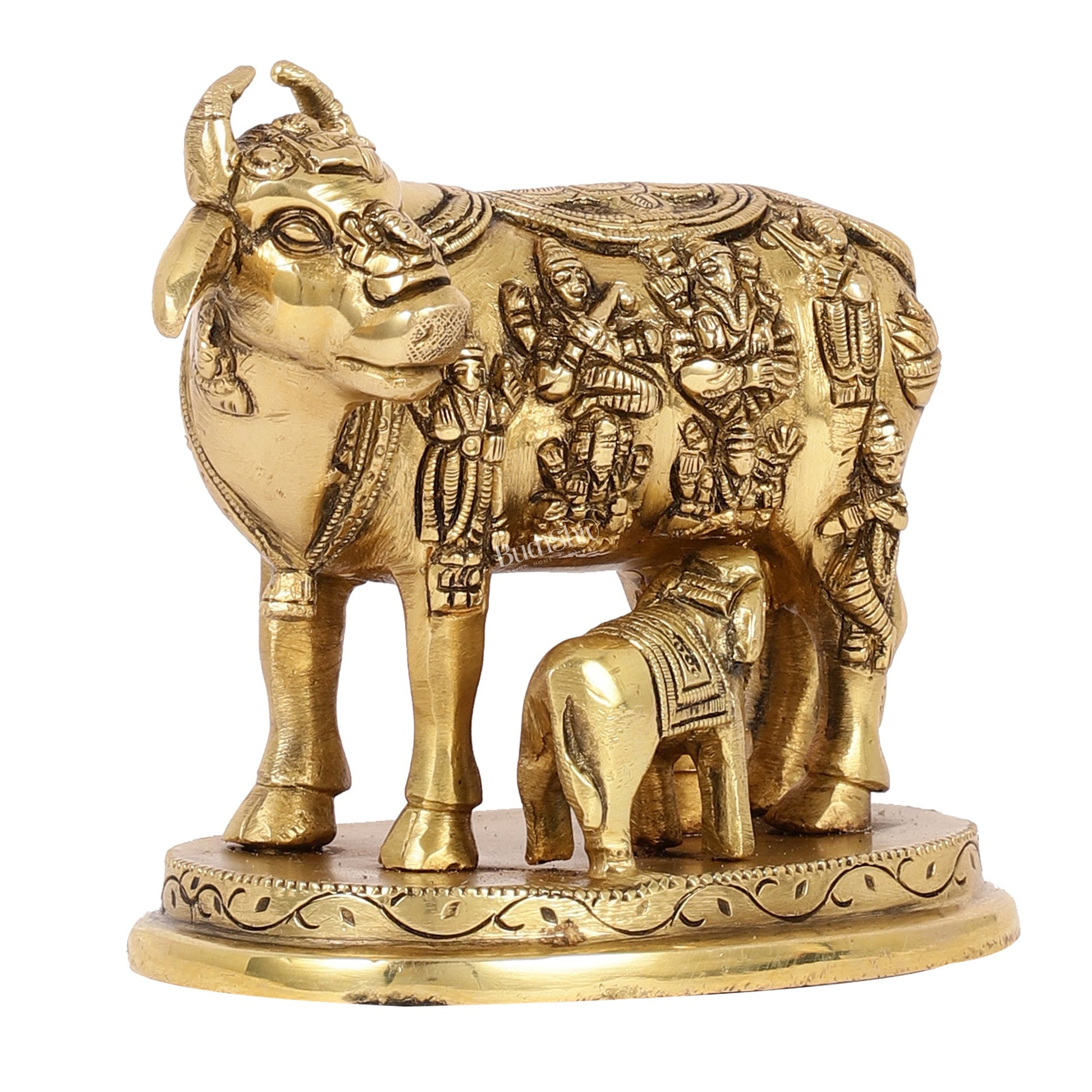 Engraved Brass Kamdhenu Statue with Deities | 5" x 6.5" x 3.75" | Shine Gold - Budhshiv.com