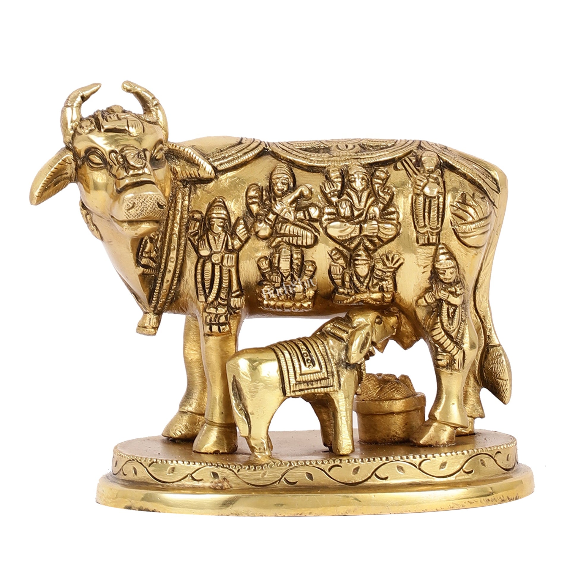 Engraved Brass Kamdhenu Statue with Deities | 5" x 6.5" x 3.75" | Shine Gold - Budhshiv.com