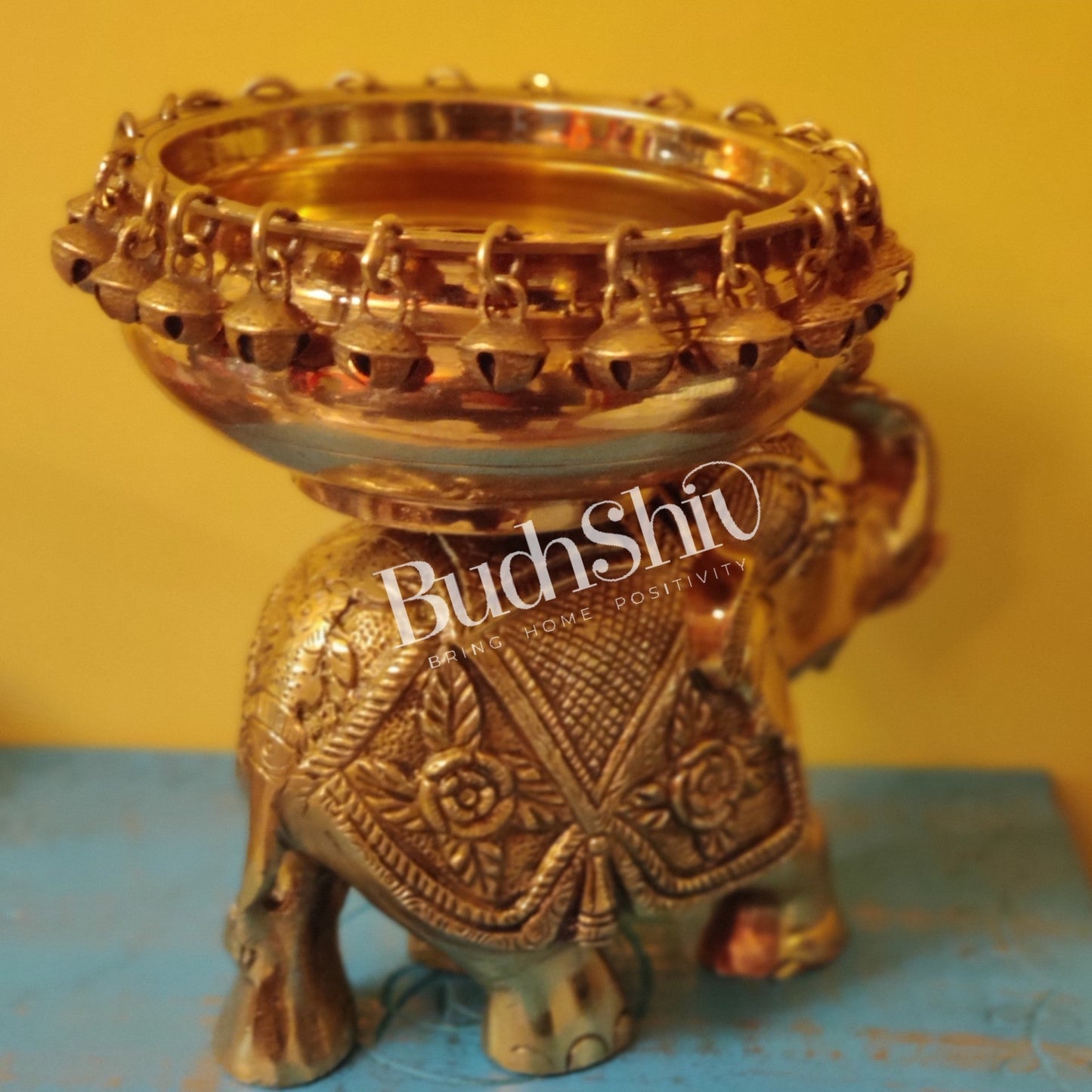 Engraved Elephant brass urli Golden shine - Budhshiv.com