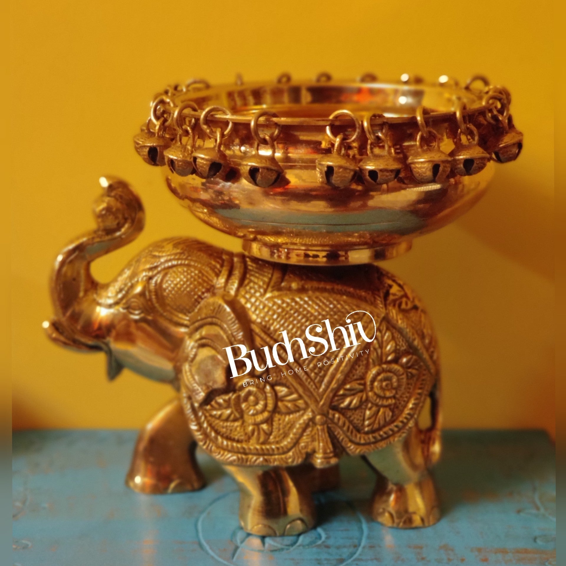 Engraved Elephant brass urli Golden shine - Budhshiv.com