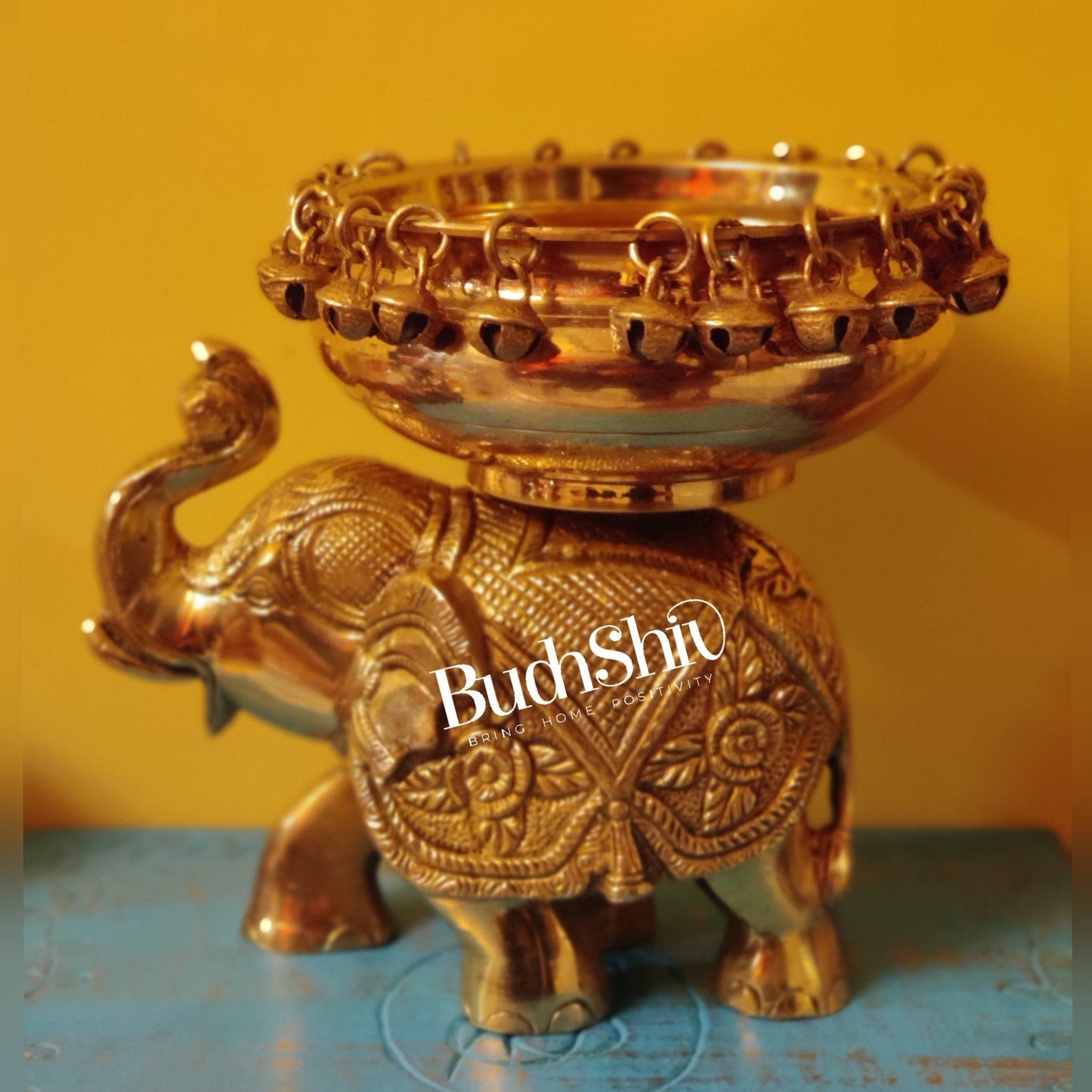 Engraved Elephant brass urli Golden shine - Budhshiv.com