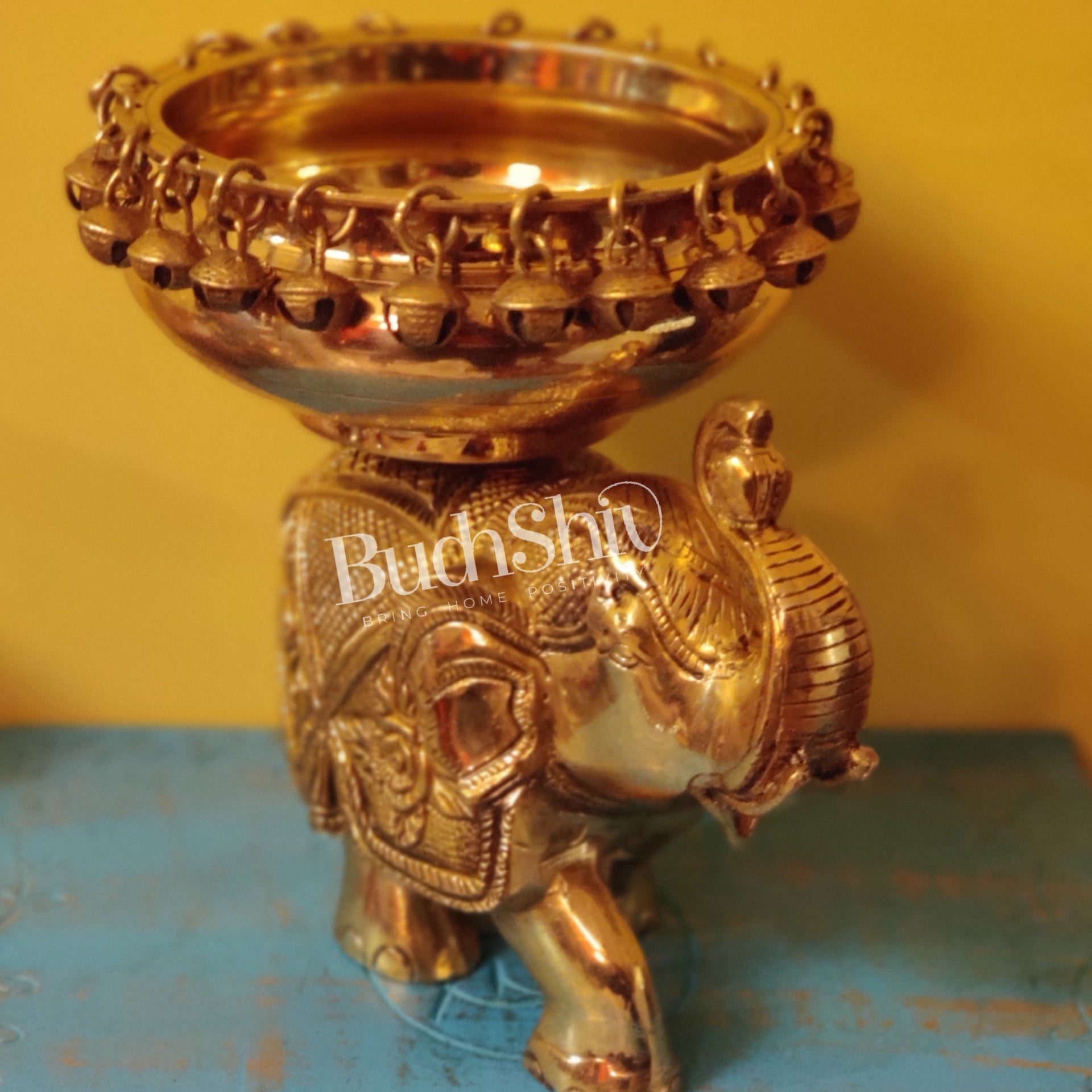 Engraved Elephant brass urli Golden shine - Budhshiv.com