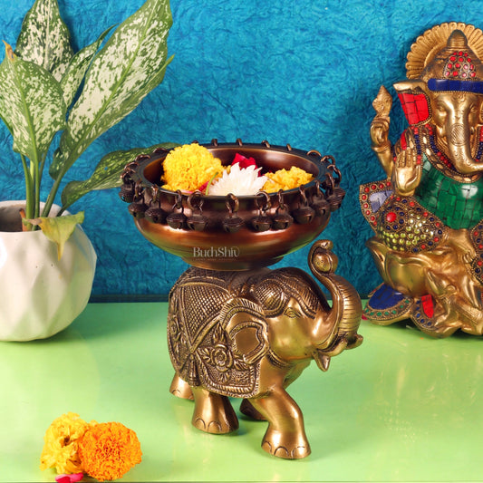 Engraved Elephant brass urli with ghungroo Duel tone - Budhshiv.com