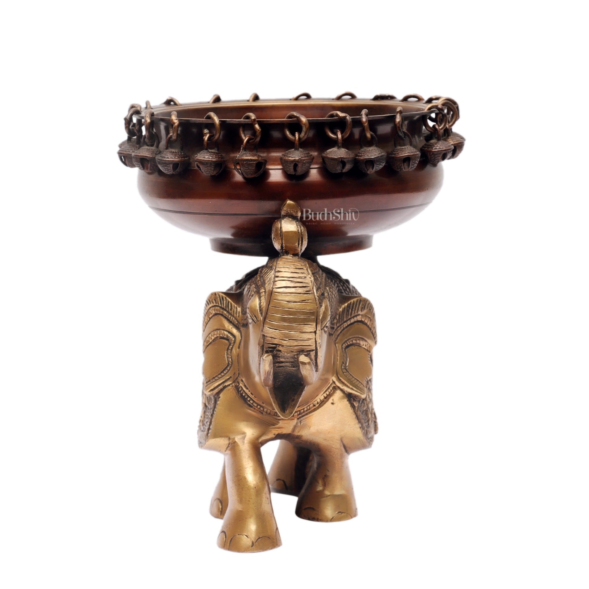 Engraved Elephant brass urli with ghungroo Duel tone - Budhshiv.com