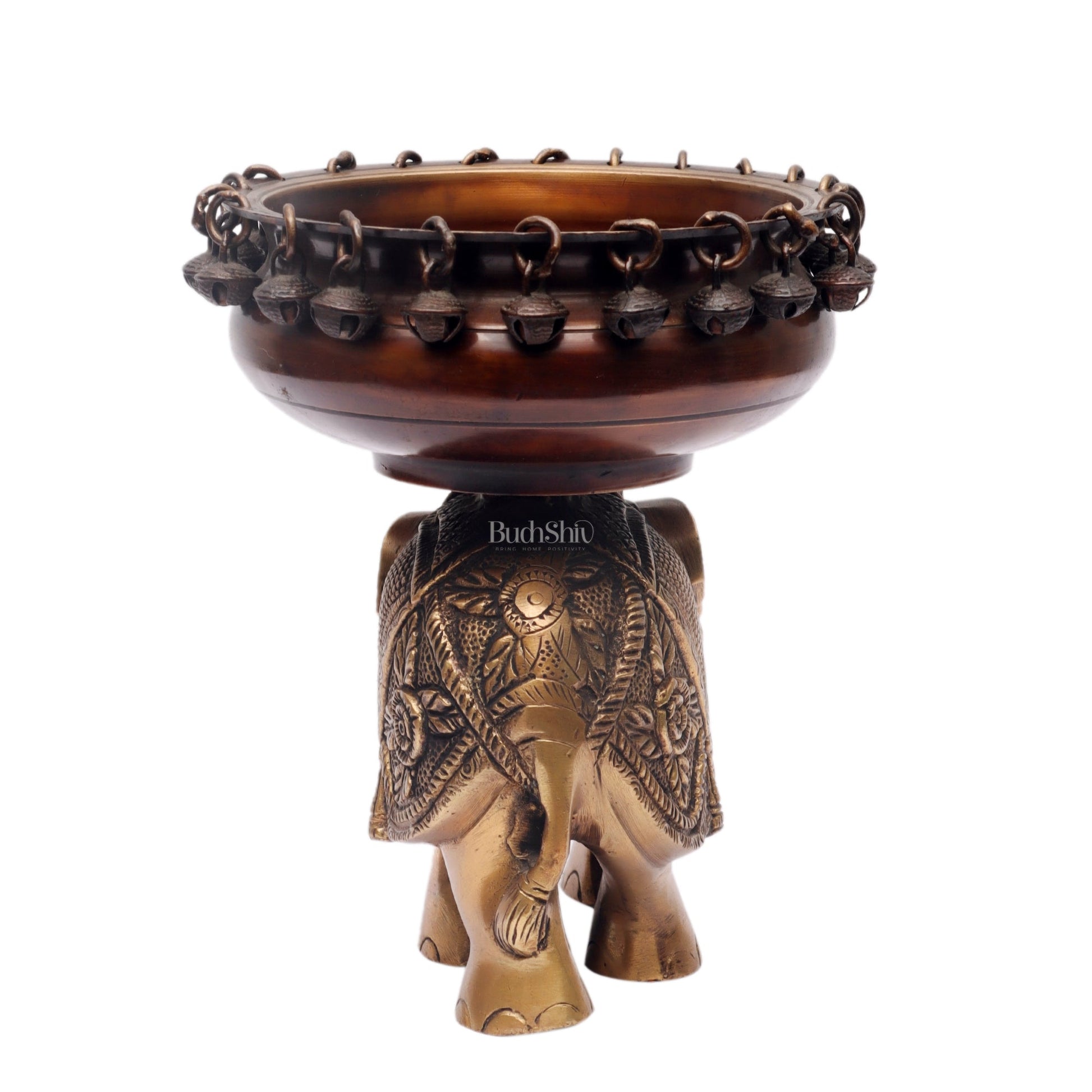 Engraved Elephant brass urli with ghungroo Duel tone - Budhshiv.com