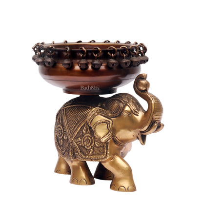 Engraved Elephant brass urli with ghungroo Duel tone - Budhshiv.com