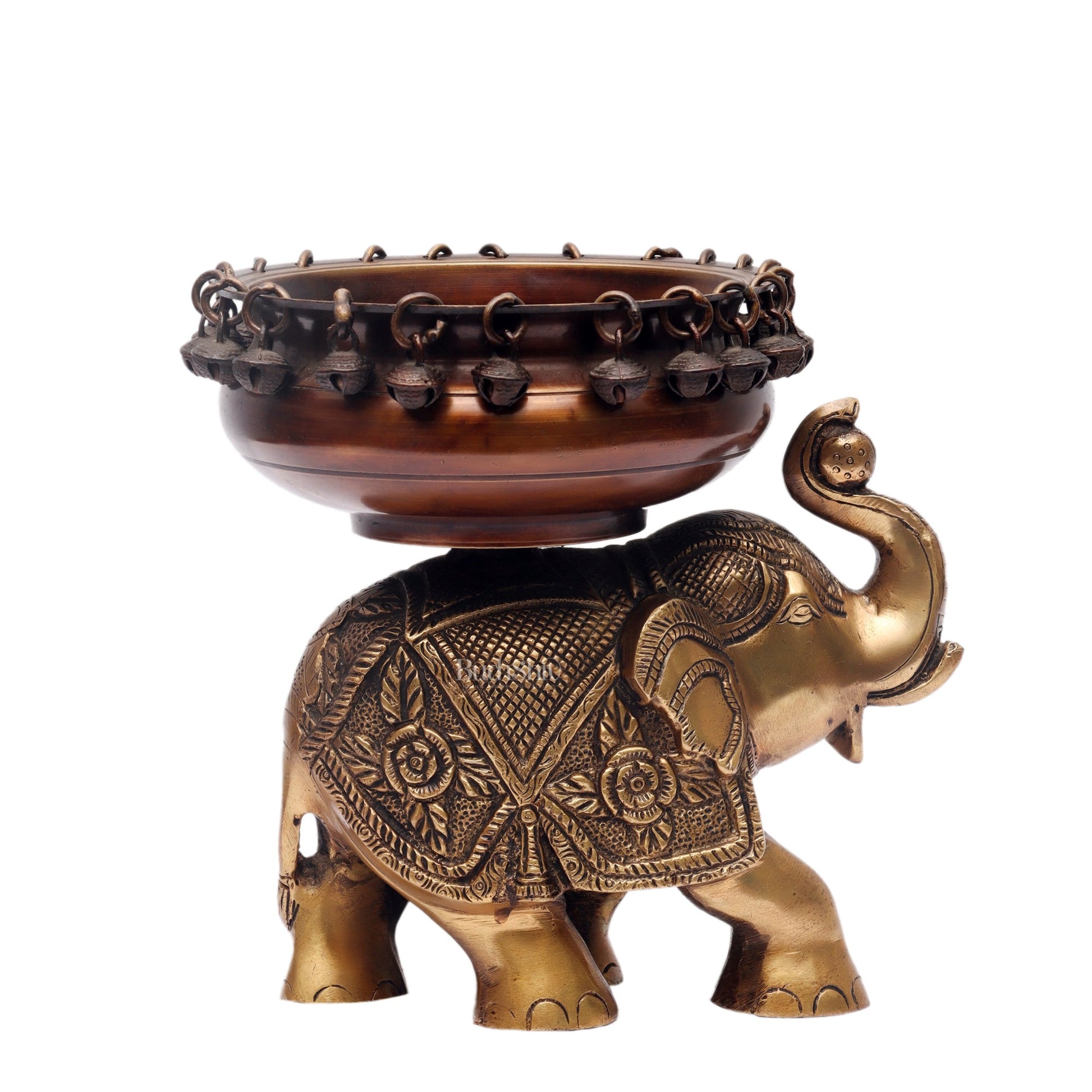 Engraved Elephant brass urli with ghungroo Duel tone - Budhshiv.com