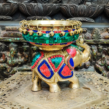 Engraved Elephant brass urli with ghungroo inlay stonework - Budhshiv.com