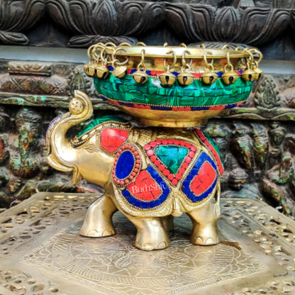 Engraved Elephant brass urli with ghungroo inlay stonework - Budhshiv.com