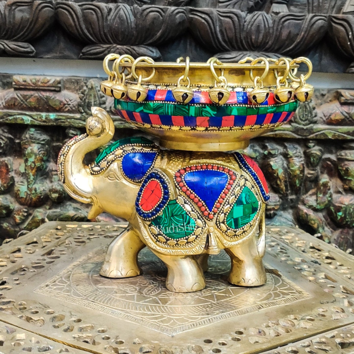 Engraved Elephant brass urli with ghungroo inlay stonework - Budhshiv.com