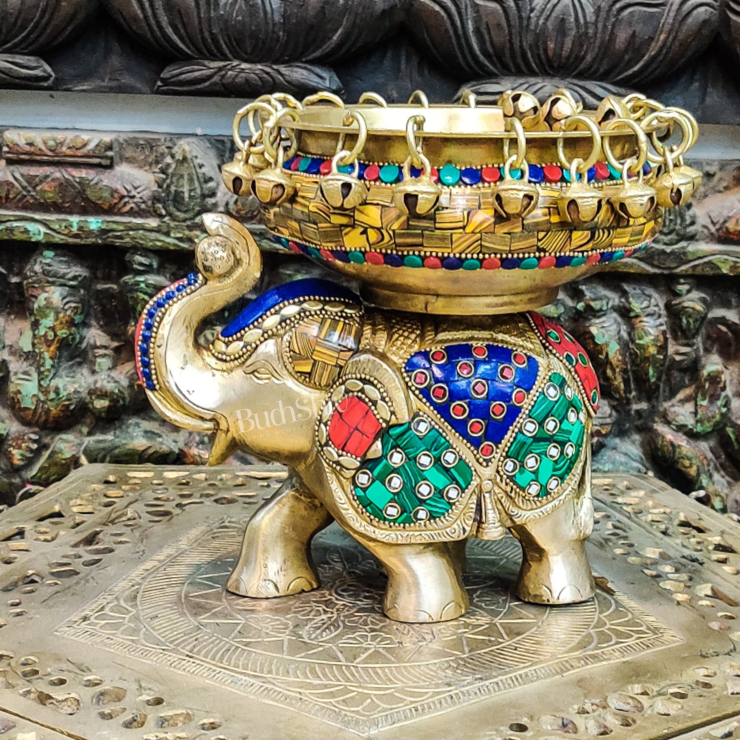 Engraved Elephant brass urli with ghungroo inlay stonework - Budhshiv.com