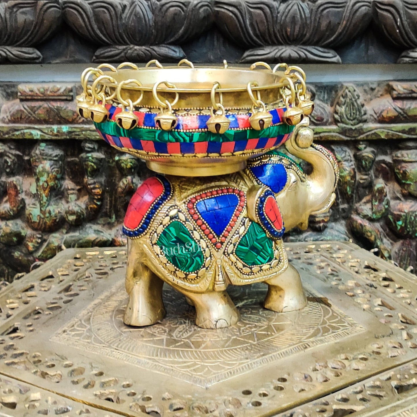 Engraved Elephant brass urli with ghungroo inlay stonework - Budhshiv.com