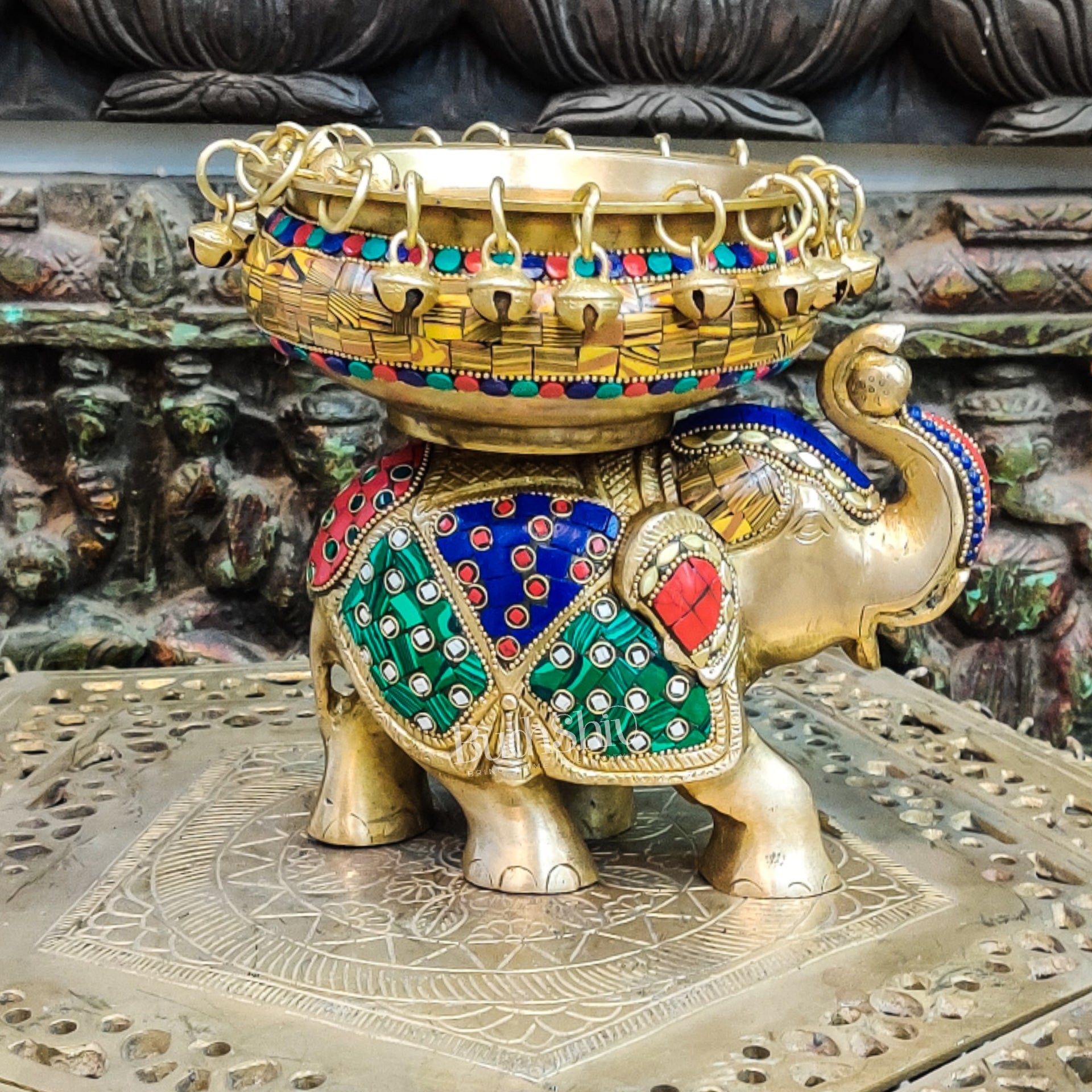 Engraved Elephant brass urli with ghungroo inlay stonework - Budhshiv.com