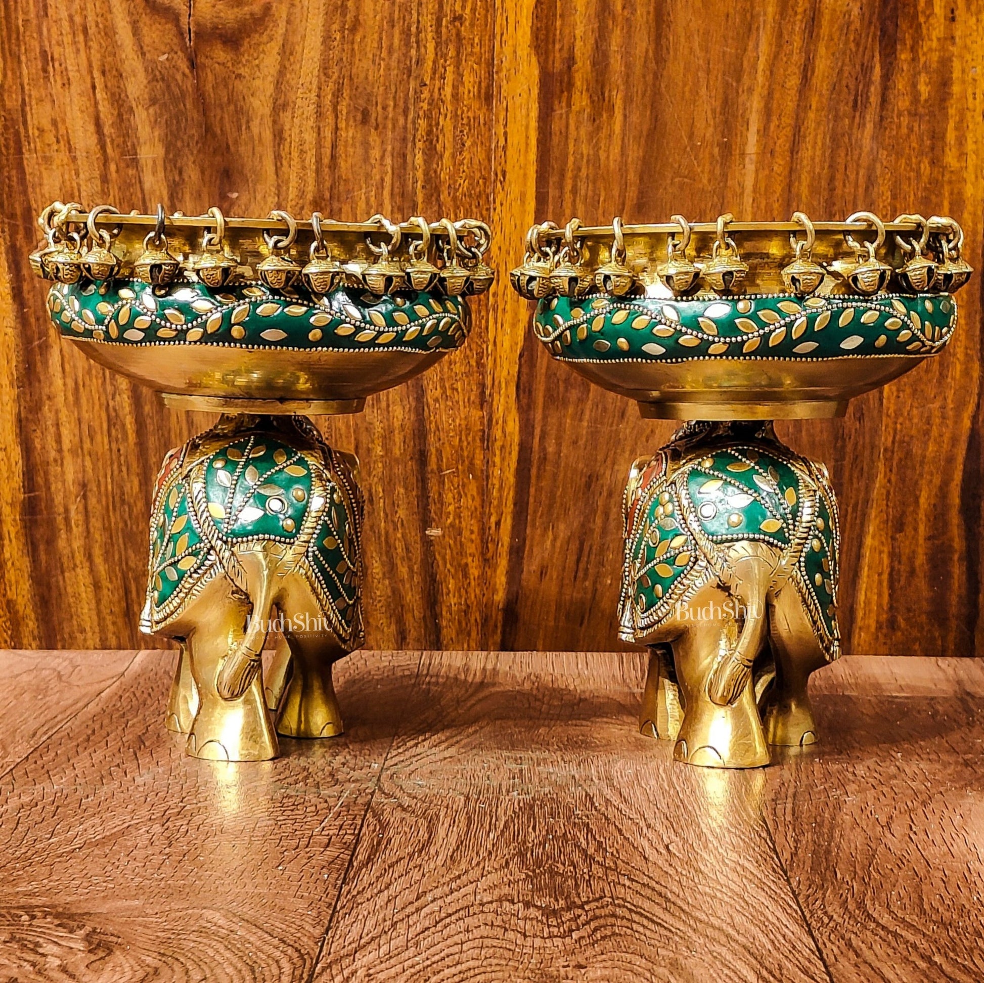 Engraved Elephant brass urli with ghungroo inlay stonework - Budhshiv.com