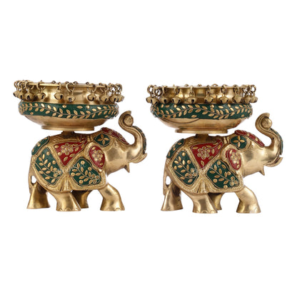 Engraved Elephant brass urli with ghungroo inlay stonework - Budhshiv.com