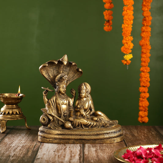 Enigmatic Brass Lakshmi Narayan Murti | 10" Height | Intricate Handcarvings - Budhshiv.com