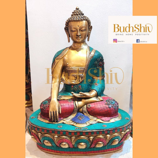 Enlightened Buddha: Brass Statue Calling the Earth to Witness 20 inch - Budhshiv.com