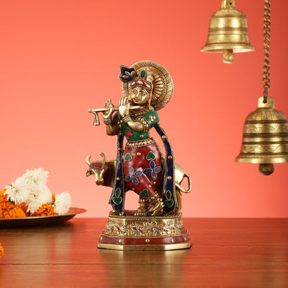 Exquisite 10-Inch Brass Krishna with Cow Stonework - Budhshiv.com