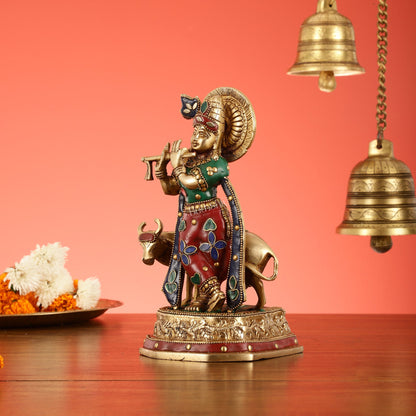 Exquisite 10-Inch Brass Krishna with Cow Stonework - Budhshiv.com