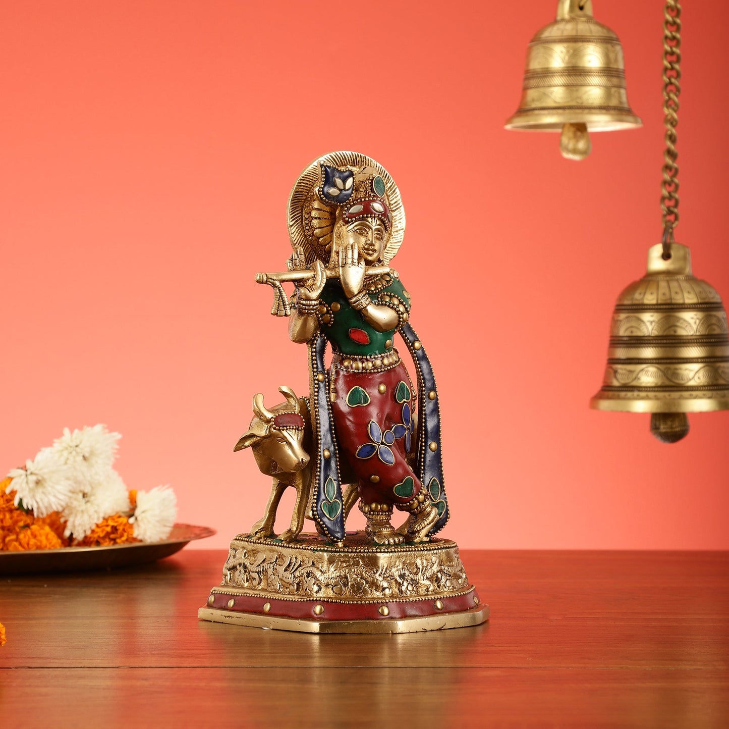 Exquisite 10-Inch Brass Krishna with Cow Stonework - Budhshiv.com