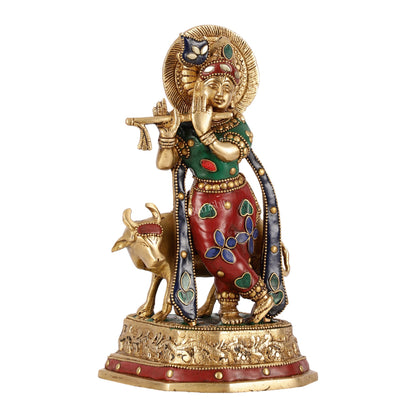 Exquisite 10-Inch Brass Krishna with Cow Stonework - Budhshiv.com