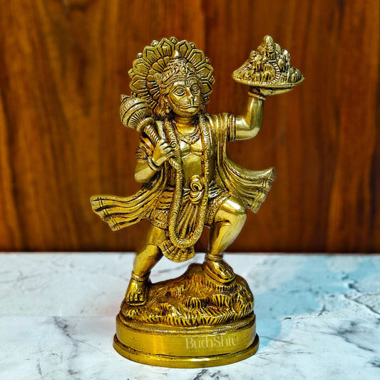 Exquisite 10-Inch Superfine Brass Idol of Lord Hanuman with Sanjeevani Mountain - Budhshiv.com