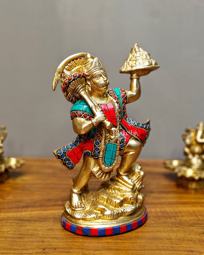 Exquisite 10-Inch Superfine Brass Idol of Lord Hanuman with Sanjeevani Mountain - Budhshiv.com
