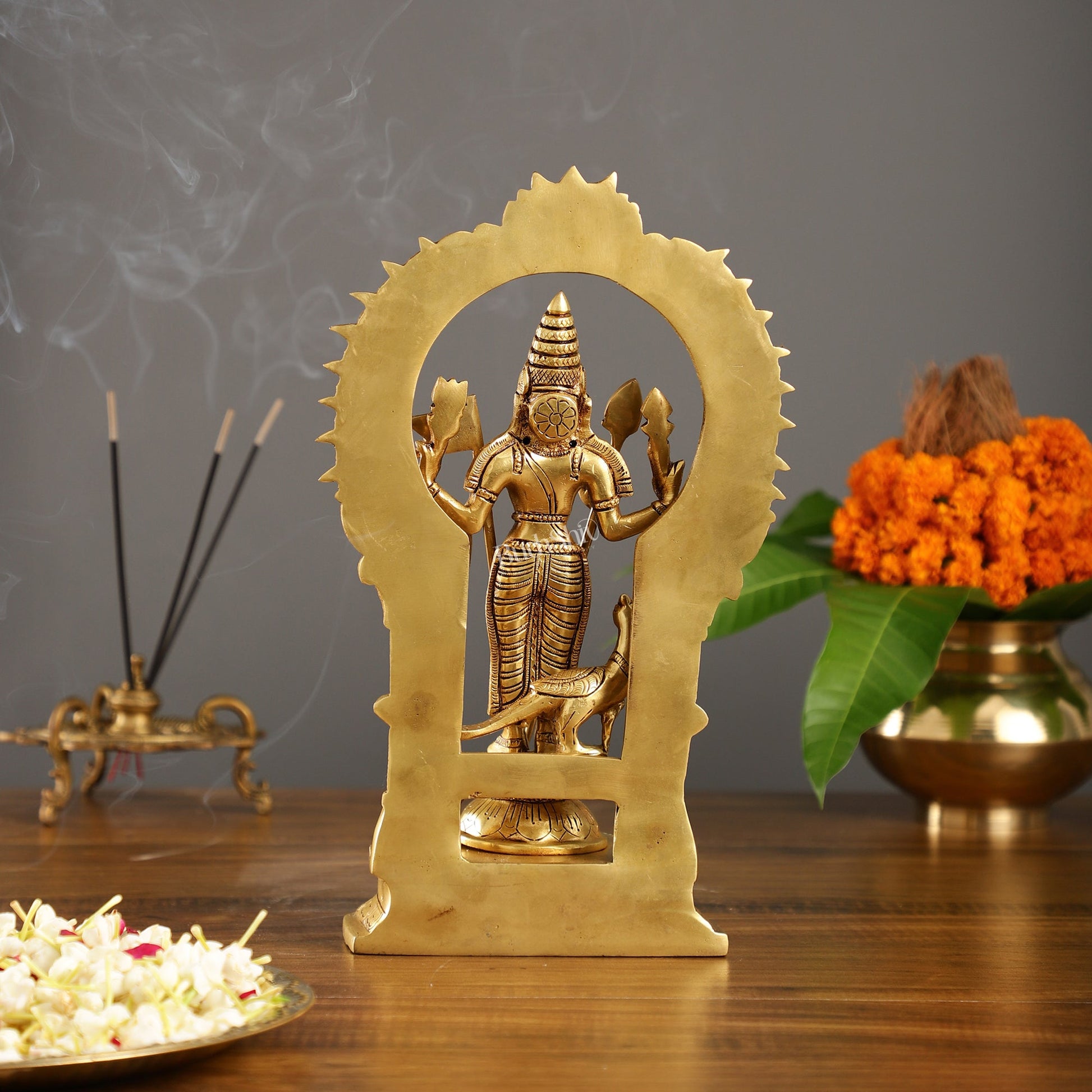 Exquisite 13" Brass Kartikeya Lord Murugan Swamy Statue with Prabhavali Frame - Budhshiv.com