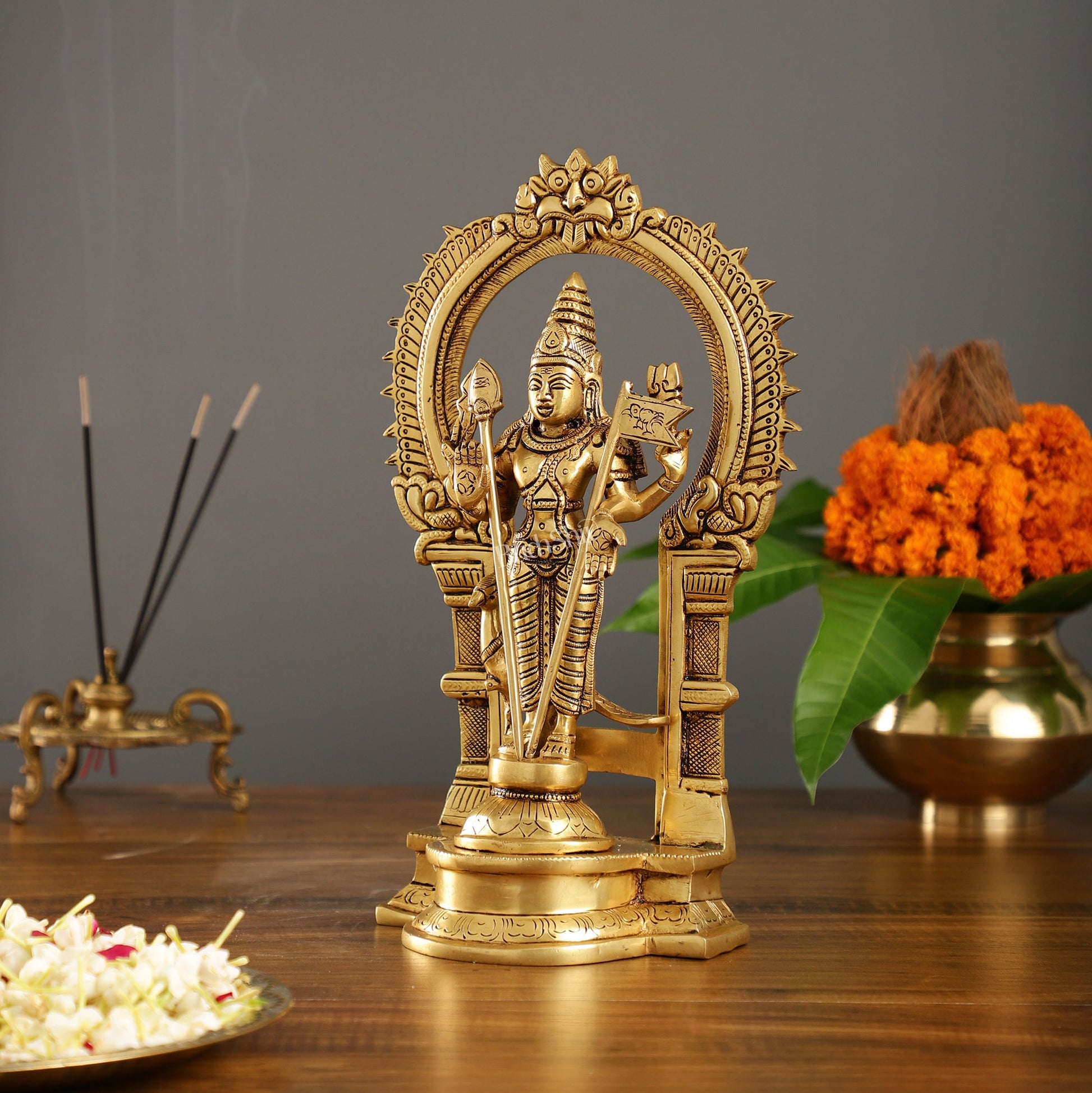 Exquisite 13" Brass Kartikeya Lord Murugan Swamy Statue with Prabhavali Frame - Budhshiv.com