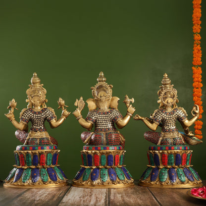 Exquisite 15-Inch Brass Ganesha, Lakshmi & Saraswati Idols | Divine Trio - Budhshiv.com
