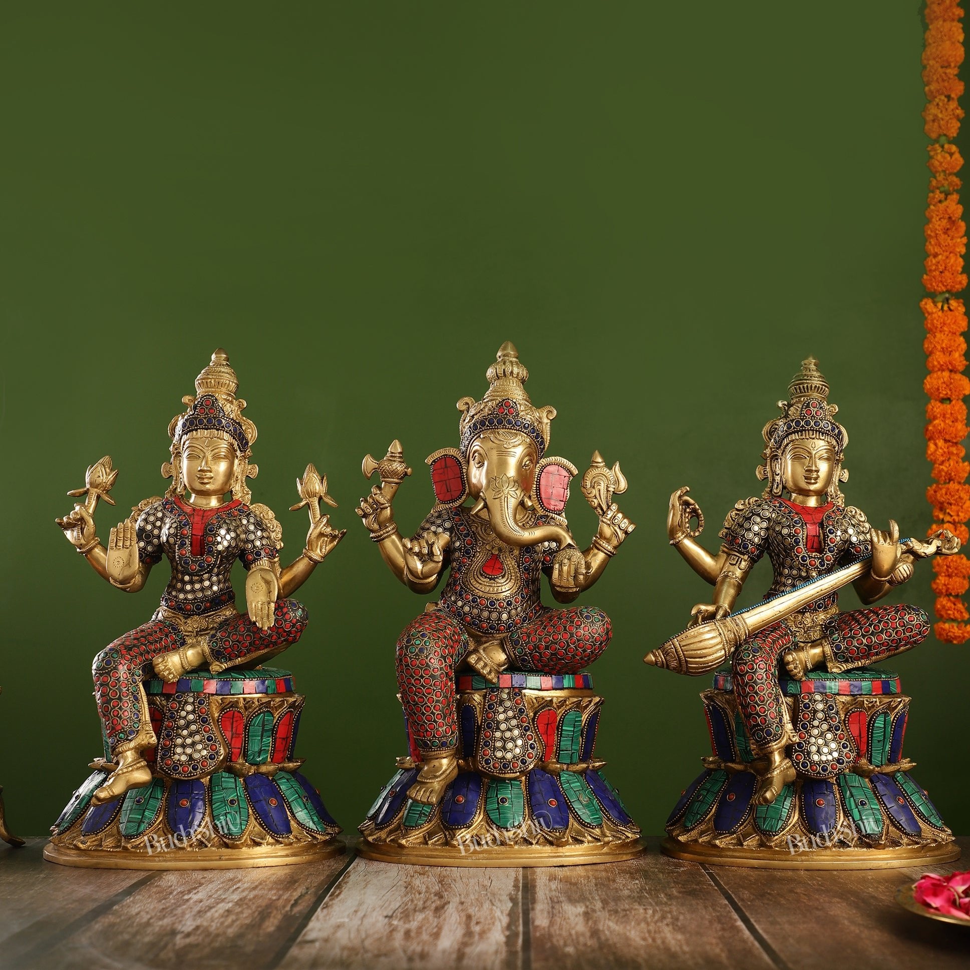Buy Pure Brass Ganesh lakshmi Saraswati Idols 15 inch - Budhshiv.com