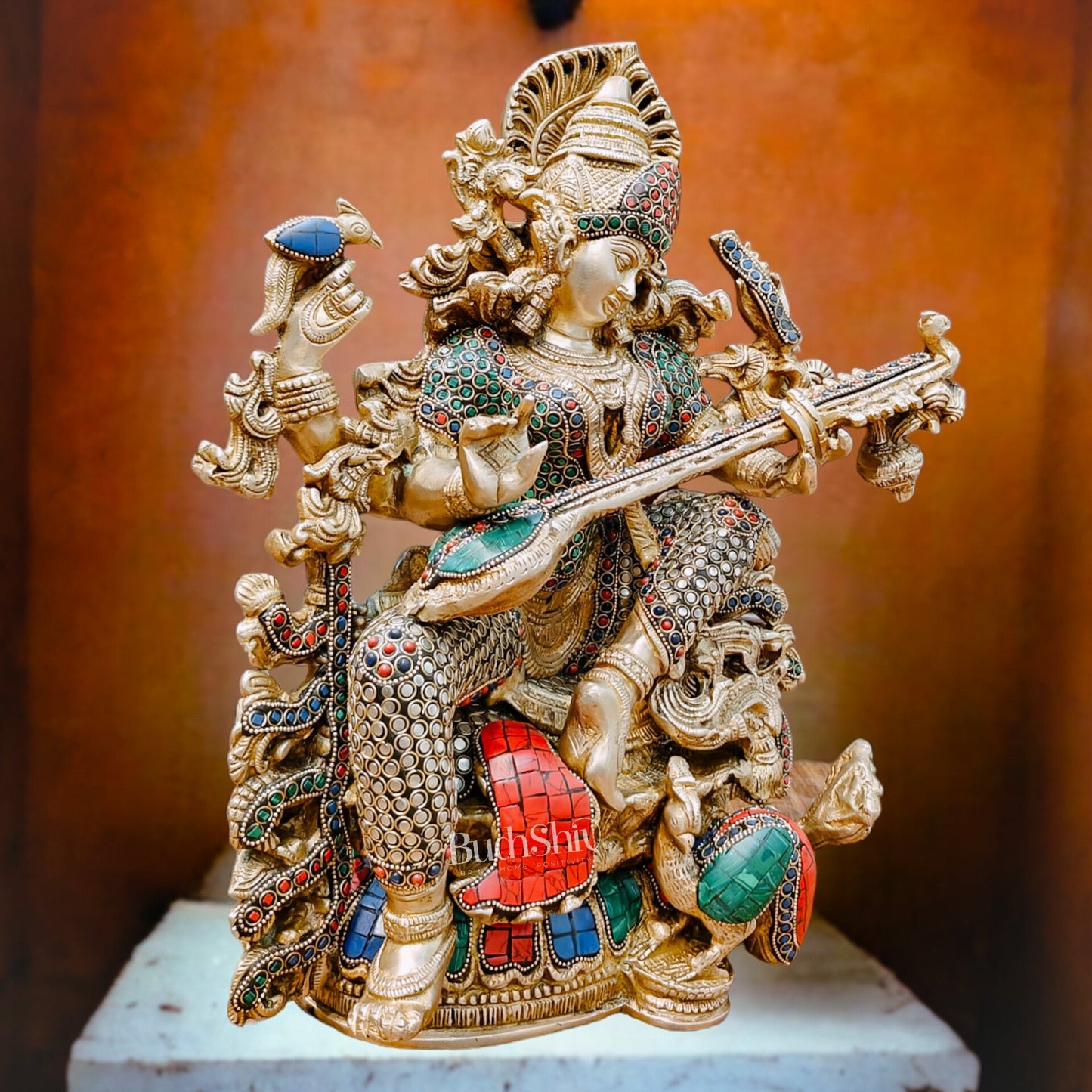 Exquisite 16" Superfine Brass Goddess Saraswati Statue - Budhshiv.com