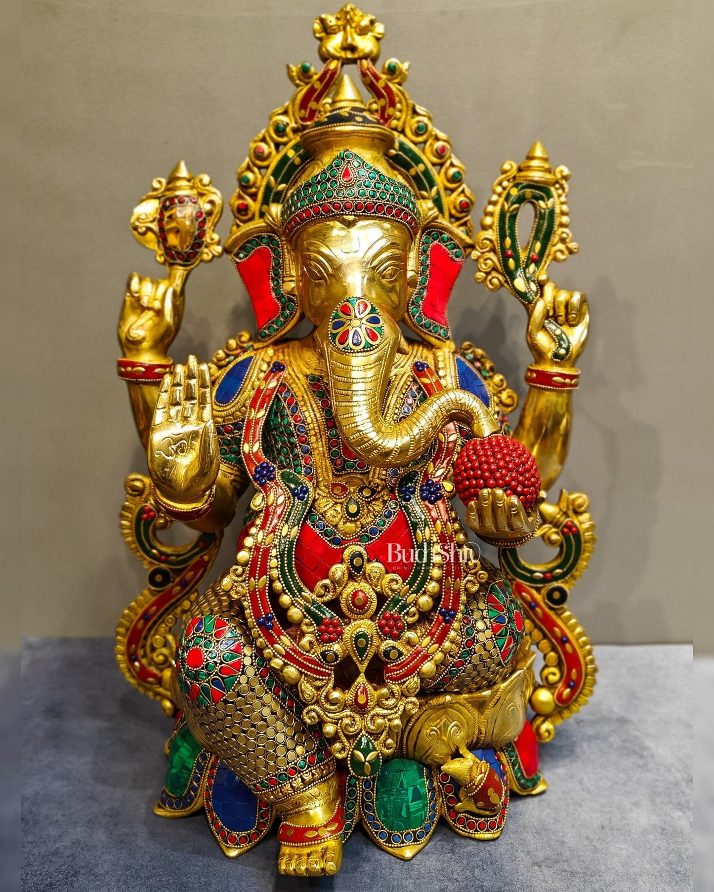 Exquisite 21 Inch Brass Ganesha Statue Seated on Lotus with Stonework - Budhshiv.com