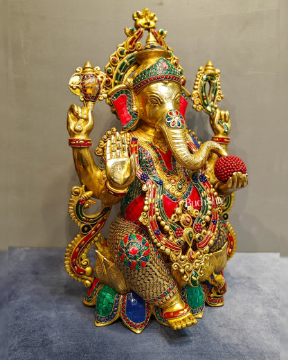 Exquisite 21 Inch Brass Ganesha Statue Seated on Lotus with Stonework - Budhshiv.com