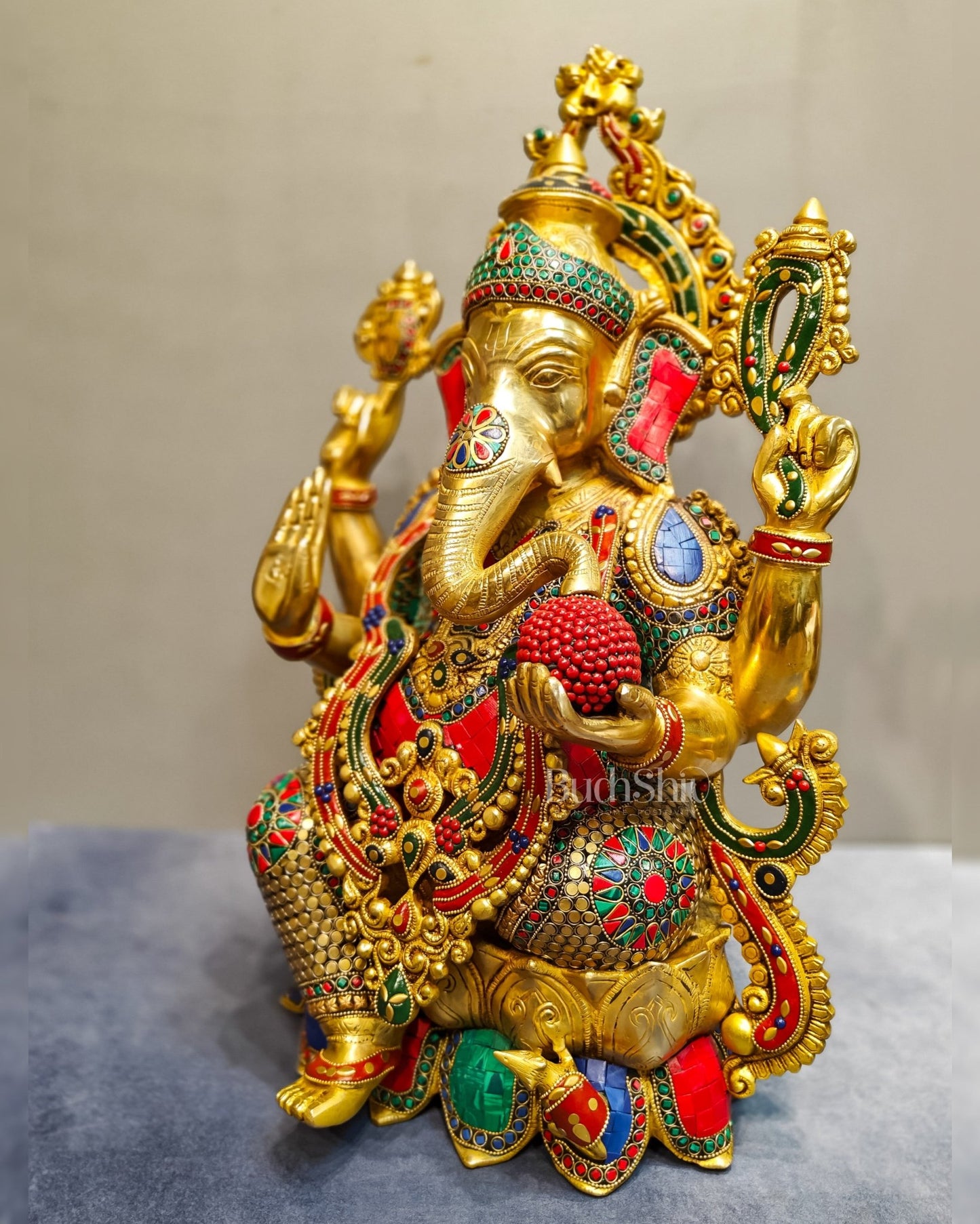 Exquisite 21 Inch Brass Ganesha Statue Seated on Lotus with Stonework - Budhshiv.com