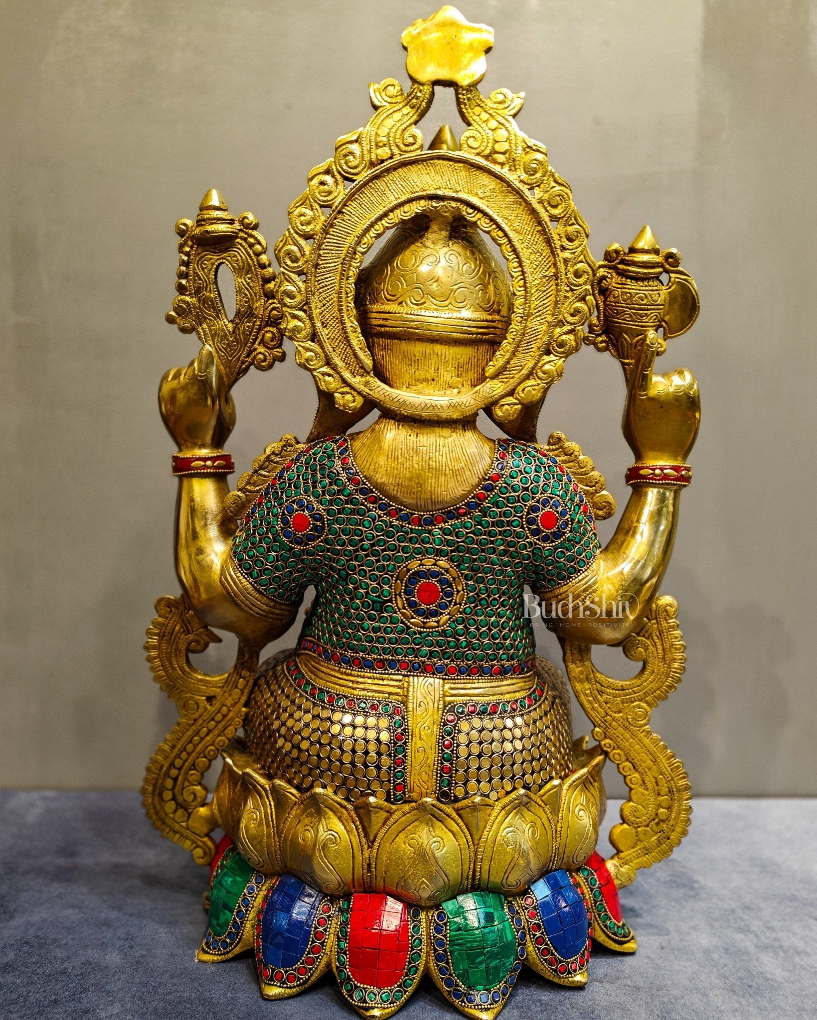 Exquisite 21 Inch Brass Ganesha Statue Seated on Lotus with Stonework - Budhshiv.com