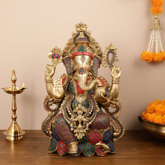 Exquisite 21 Inch Brass Ganesha Statue Seated on Lotus with Stonework - Budhshiv.com