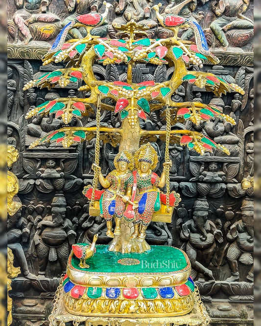 Exquisite 3ft Brass Radha Krishna Swing with Kalpavriksha & Peacocks. - Budhshiv.com