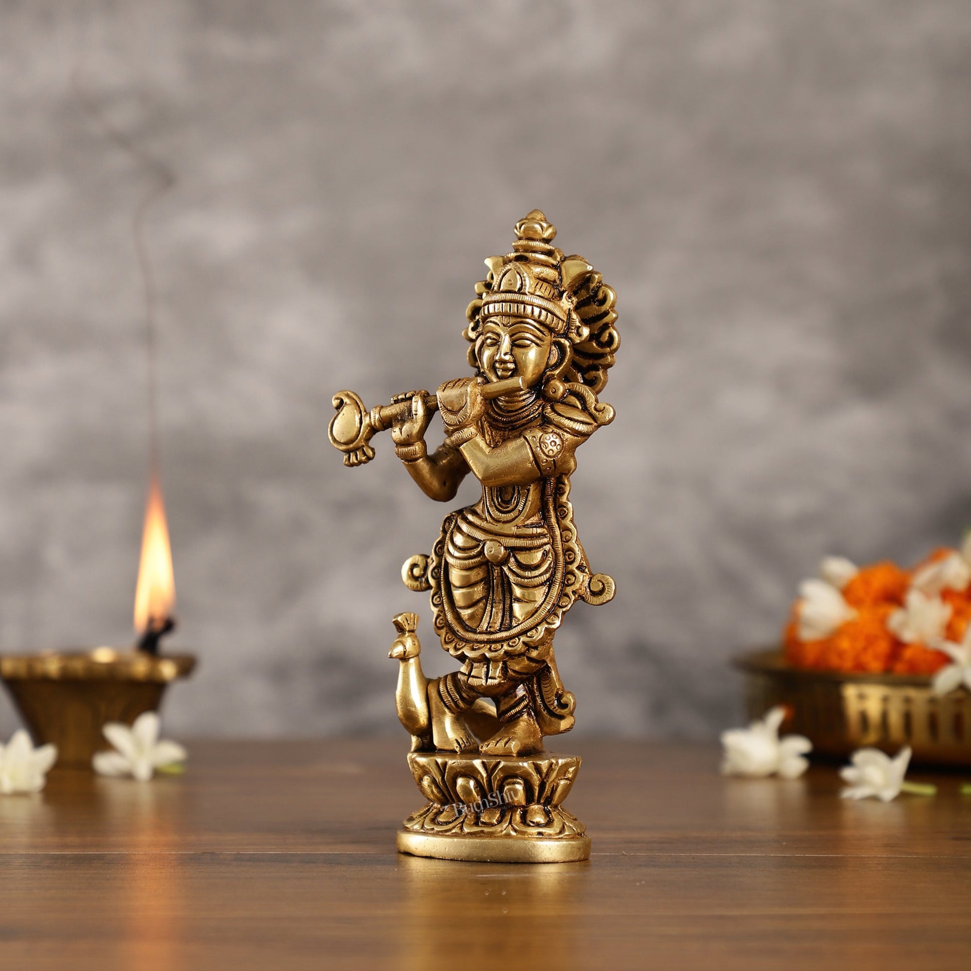 Exquisite 7.5 Inch Krishna Brass Superfine Idol with peacock - Budhshiv.com