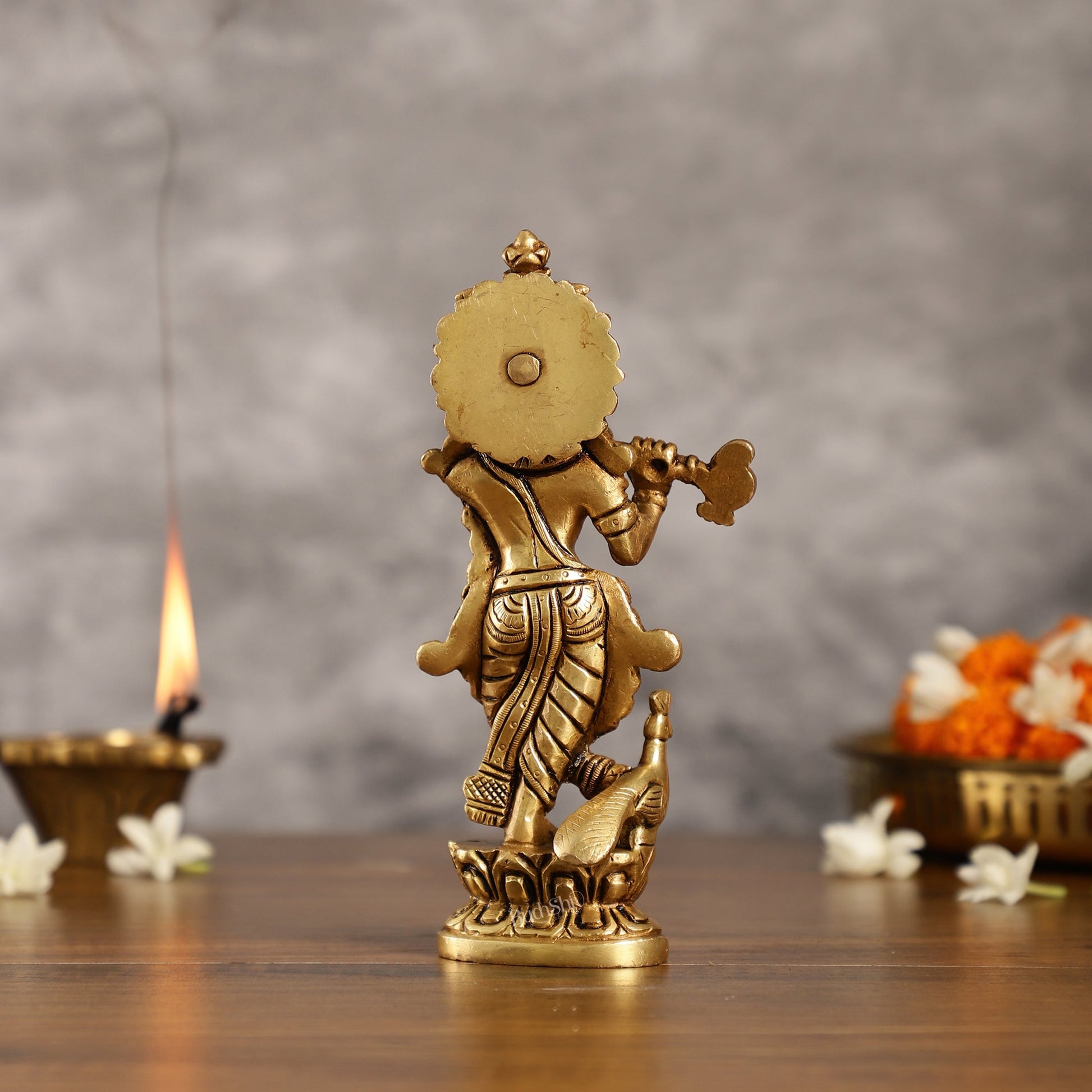 Exquisite 7.5 Inch Krishna Brass Superfine Idol with peacock - Budhshiv.com