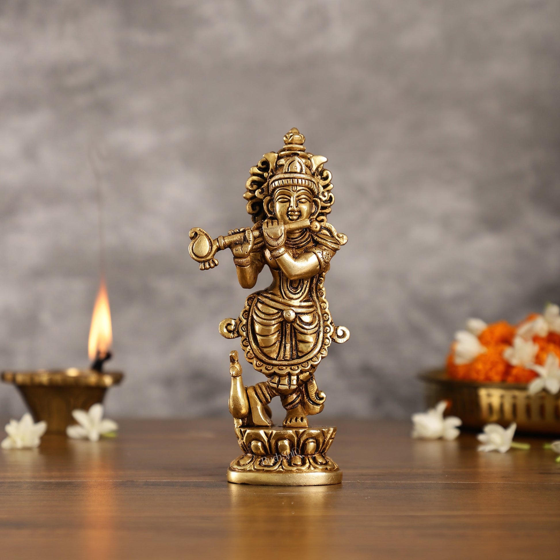 Exquisite 7.5 Inch Krishna Brass Superfine Idol with peacock - Budhshiv.com