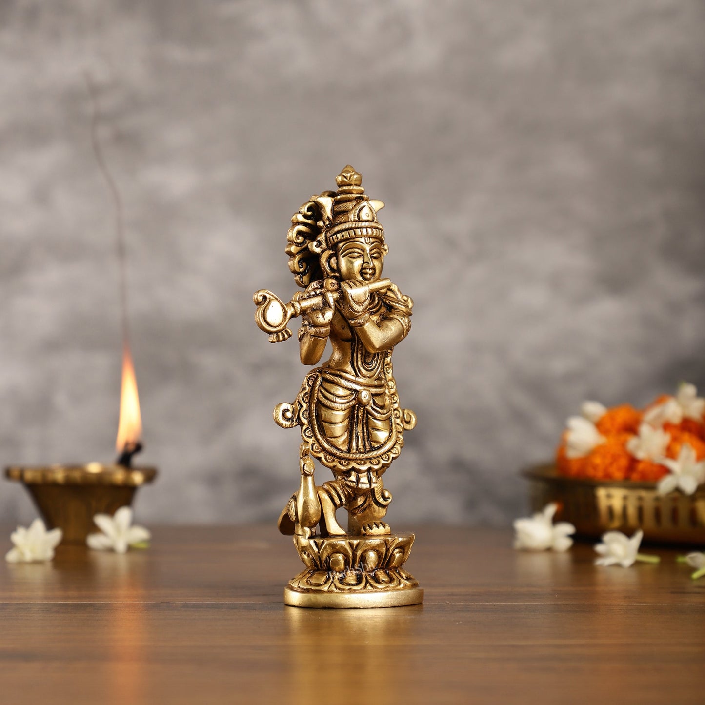 Exquisite 7.5 Inch Krishna Brass Superfine Idol with peacock - Budhshiv.com