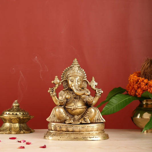 Exquisite 9-Inch Brass Lord Ganapati Idol - Handcrafted Superfine Artwork - Budhshiv.com