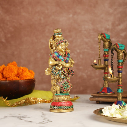 Exquisite 9-Inch Brass Radha Idol with Stunning Stonework - Budhshiv.com