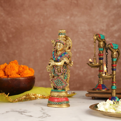 Exquisite 9-Inch Brass Radha Idol with Stunning Stonework - Budhshiv.com